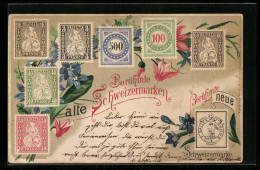 Lithographie Berühmte Alte Schweizermarken Und Eine Neue, Blumen  - Briefmarken (Abbildungen)