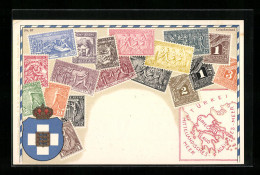 AK Griechenland, Briefmarken, Landkarte Und Wappen Mit Krone  - Postzegels (afbeeldingen)