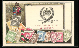 AK Ungarn, Briefmarken, Wappe, Schwalben Auf Telegraphenleitung, Werbung Imperial Stamp, Allahabad  - Postzegels (afbeeldingen)