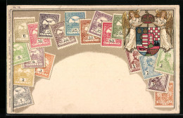 AK Ungarn, Briefmarken Und Wappen Mit Krone Und Engeln  - Briefmarken (Abbildungen)