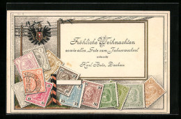 Präge-AK Briefmarken Und Wappen Deutschland, Heller, Krone, Schwalben Auf Telegraphenleitung  - Francobolli (rappresentazioni)