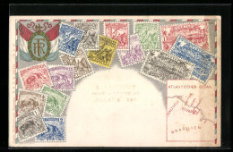 AK Briefmarken, Landkarte Und Wappen Guyana, Flagge  - Sellos (representaciones)