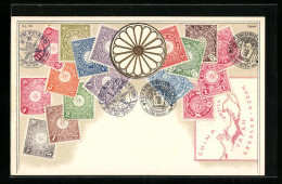 Präge-AK Briefmarken Und Landkarte Japans, Blütenrad, Stempel  - Sellos (representaciones)