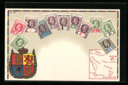 AK Briefmarken Und Wappen Fiji, Krone, Landkarte  - Francobolli (rappresentazioni)