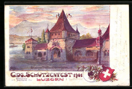 Künstler-AK Luzern, Eidgenössisches Schützenfest 1901, Emfangs-Pavillon Und Gabenballen  - Hunting