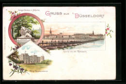 Lithographie Düsseldorf, Ansicht Von Der Rheinseite, Königliche Kunstakademie, Krieger-Denkmal Im Hofgarten  - Duesseldorf