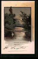 Lithographie Düsseldorf, Hofgarten, Goldene Brücke Im Mondschein  - Düsseldorf