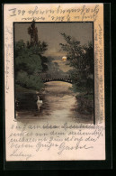 Lithographie Düsseldorf, Hofgarten, Goldene Brücke  - Duesseldorf