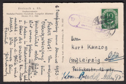 BREISACH über FREIBURG Breisgau 1953 LANDPOSTSTEMPEL Blau 10Pf-Posthorn +Orts-o + Auf AnsichtsKarte > Leipzig DDR - Cartas & Documentos