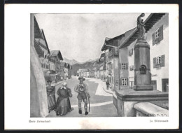 Künstler-AK Mittenwald, Strassenpartie Mit Denkmal  - Mittenwald