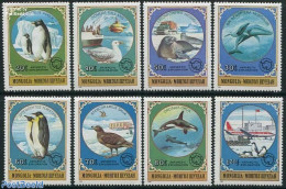 Mongolia 1980 Antarctica 8v, Mint NH, Nature - Science - Transport - Birds - Penguins - Sea Mammals - The Arctic & Ant.. - Airplanes