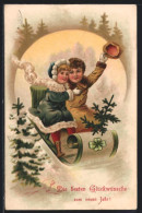 AK Kinderpaar Auf Einem Schlitten, Neujahrsgruss  - Wintersport