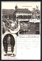 Lithographie Heidelberg, Universität, Scheffel Denkmal  - Heidelberg