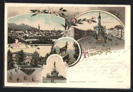 Lithographie Traunstein, Kurhaus, Luitpold-Brunnen, Obernstadtplatz  - Traunstein