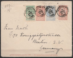 EP 10c Rouge-brun + N°56+57+60 Càd HOUYET /15 Juillet 1899 Pour BERLIN (au Dos: Cachet [CHÂTEAU D'ARDENNE /15 JUILLET 18 - 1893-1900 Barbas Cortas