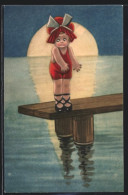 AK Kleines Mädchen Springt Bei Mondesschein In Das Meer  - Sterrenkunde