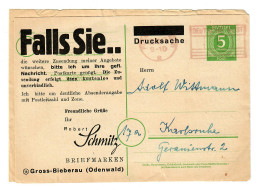 1947: Ganzsache Gross-Bieberau Nach Karlsruhe, Rückseitig Briefmarkenangebot - Cartas & Documentos