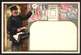 AK Postbote Mit Briefen In Den Händen, Briefmarken Und Briefkasten  - Timbres (représentations)