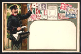 AK Postbote Mit Briefen In Den Händen, Briefmarken Und Briefkasten  - Francobolli (rappresentazioni)
