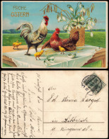 Glückwunsch Ostern / Easter Hähne Und Küken Auf Tisch 1914 Goldrand - Pascua