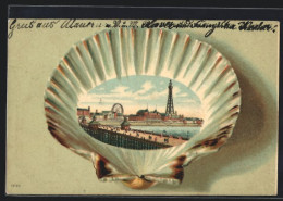 Passe-partout Lithography Blackpool, Central Beach And North Pier In Einer Muschel  - Blackpool