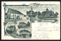 Lithographie Echzell, Gasthaus & Restaurant V. A. Seybold, Forsthaus, Bahnhof  - Hunting