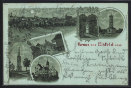 Lithographie Eisfeld, Schloss, Markt, Siegesdenkmal, Aussichtsturm, Otto Ludwig Denkmal, Ortsansicht  - Autres & Non Classés