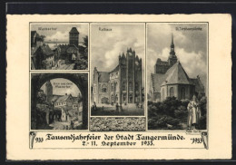 AK Tangermünde, Tausendjahrfeier 1933, Kaiser Karl IV., Wassertir, Rathaus, St. Stephanskirche  - Tangermuende