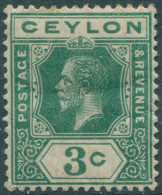 Ceylon 1912 SG302 3c Blue-green KGV #3 MLH (amd) - Sri Lanka (Ceylan) (1948-...)