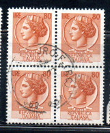 ITALIA REPUBBLICA ITALY REPUBLIC 1968 - 1976 SIRACUSANA TURRITA STELLE STARS LIRE 80 QUARTINA USATA BLOCK USED OBLITERE' - 1961-70: Gebraucht