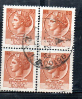 ITALIA REPUBBLICA ITALY REPUBLIC 1968 - 1976 SIRACUSANA TURRITA STELLE STARS LIRE 80 QUARTINA USATA BLOCK USED OBLITERE' - 1961-70: Gebraucht