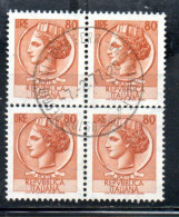 ITALIA REPUBBLICA ITALY REPUBLIC 1968 - 1976 SIRACUSANA TURRITA STELLE STARS LIRE 80 QUARTINA USATA BLOCK USED OBLITERE' - 1961-70: Usados