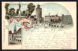 Lithographie Görlitz, Prinz Friedrich Karl Denkmal, Marienplatz, Untermarkt Mit Peterskirche  - Görlitz