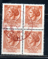 ITALIA REPUBBLICA ITALY REPUBLIC 1968 - 1976 SIRACUSANA TURRITA STELLE STARS LIRE 80 QUARTINA USATA BLOCK USED OBLITERE' - 1961-70: Usados