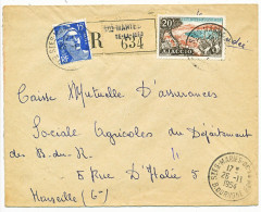 RARE TARIF FRANCHISE PARTIELLE ASS SOCIALE + 35F DE RECOMMANDATION BOUCHES DU RHONE ENV 1954 STES MARIES DE LA MER - 1921-1960: Période Moderne