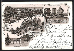 Lithographie Bad Kreuznach, Ortsansicht, Kurhaus, Brückenhäuser, Kauzenburg Und Rheingrafenstein  - Bad Kreuznach