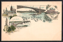 Lithographie Mainz, Dom, Strassenbrücke, Stadthalle, Blick Vom Castel Mit Brücke Und Dampfer  - Mainz