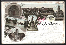 Lithographie Freiberg I / Sachsen, Kreuzteich Mit Kreuzmühle, Schweden-Denkmal, Bismarck-Denkmal  - Freiberg (Sachsen)