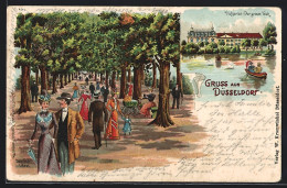 Lithographie Düsseldorf, Hofgarten, Der Grosse Teich, Spaziergänger In Der Seufzer-Allee  - Duesseldorf