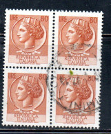 ITALIA REPUBBLICA ITALY REPUBLIC 1968 - 1976 SIRACUSANA TURRITA STELLE STARS LIRE 80 QUARTINA USATA BLOCK USED OBLITERE' - 1961-70: Usados