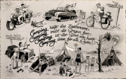 Artiste CPA Camping Heißt Das Zauberwort, Treibt Die Sorgen Fort, Fahrrad, Zelte, Autos - Autres & Non Classés