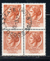 ITALIA REPUBBLICA ITALY REPUBLIC 1968 - 1976 SIRACUSANA TURRITA STELLE STARS LIRE 80 QUARTINA USATA BLOCK USED OBLITERE' - 1961-70: Gebraucht