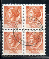 ITALIA REPUBBLICA ITALY REPUBLIC 1968 - 1976 SIRACUSANA TURRITA STELLE STARS LIRE 80 QUARTINA USATA BLOCK USED OBLITERE' - 1961-70: Gebraucht