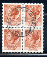 ITALIA REPUBBLICA ITALY REPUBLIC 1968 - 1976 SIRACUSANA TURRITA STELLE STARS LIRE 80 QUARTINA USATA BLOCK USED OBLITERE' - 1961-70: Gebraucht