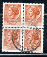 ITALIA REPUBBLICA ITALY REPUBLIC 1968 - 1976 SIRACUSANA TURRITA STELLE STARS LIRE 80 QUARTINA USATA BLOCK USED OBLITERE' - 1961-70: Afgestempeld