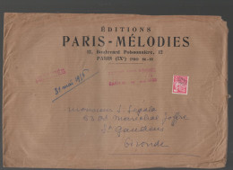 Paris Enveloppe EDITIONS MUSICALES PARIS-MELODIES 1956 Avec Préoblitéré   Coq 12f Rouge    (M6518) - Publicités