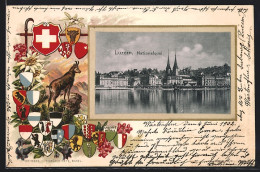 Passepartout-Lithographie Luzern, Nationalquai, Verschiedene Wappen  - Lucerna