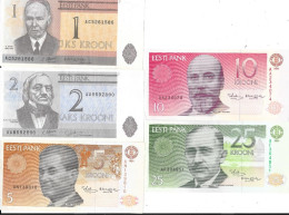 Lot De 5 Billets D'Estonie: Eesti Pank - 1, 2, 5, 10, 25 Krooni (A, Kaks, Viis, Kumme, Kakskümmend Viis Krooni) - Estonie