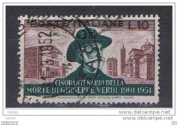 REPUBBLICA:  1951  G. VERDI  -  £. 10  VERDE  E  VIOLETTO  US. -  SASS. 677 - 1946-60: Usados