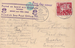 First Day Cover Swedish Sea Post Office On Board Liner " Gripsholm " Miami Veracruz Used 1936 To Exeter Mexico - Sweden